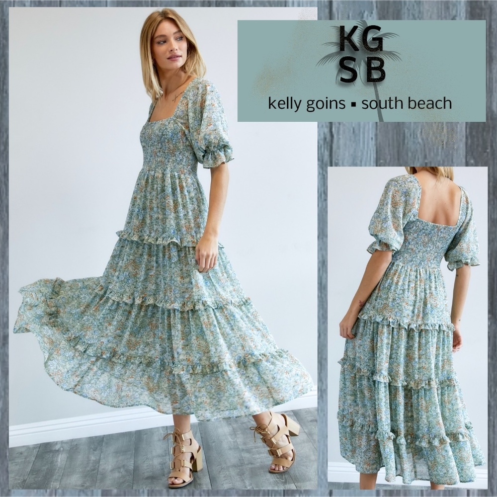 ANTHRO BRAND Davi&Dani Tiers, Ruffles Smocked Chiffon Maxi Dress Puff Sleeves